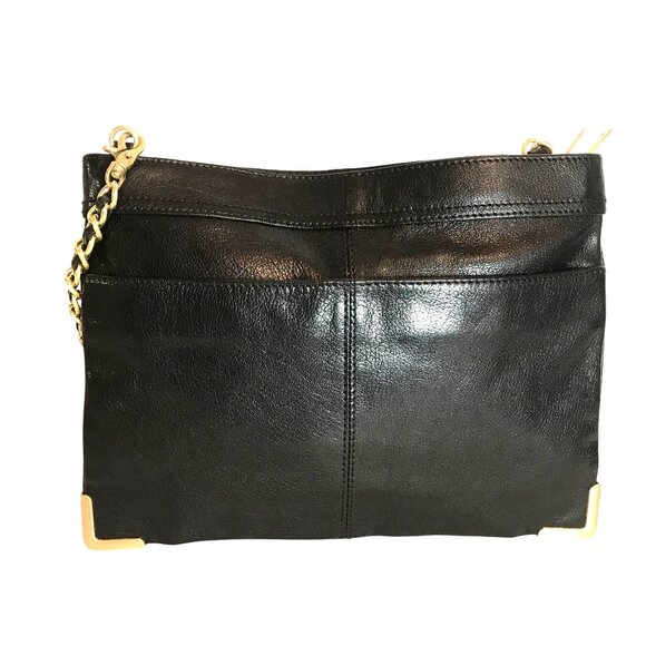 VTG Y2K Womens Black Leather Envelope Shoulder Bag With Gold Chain Strap - Picture 2 of 10